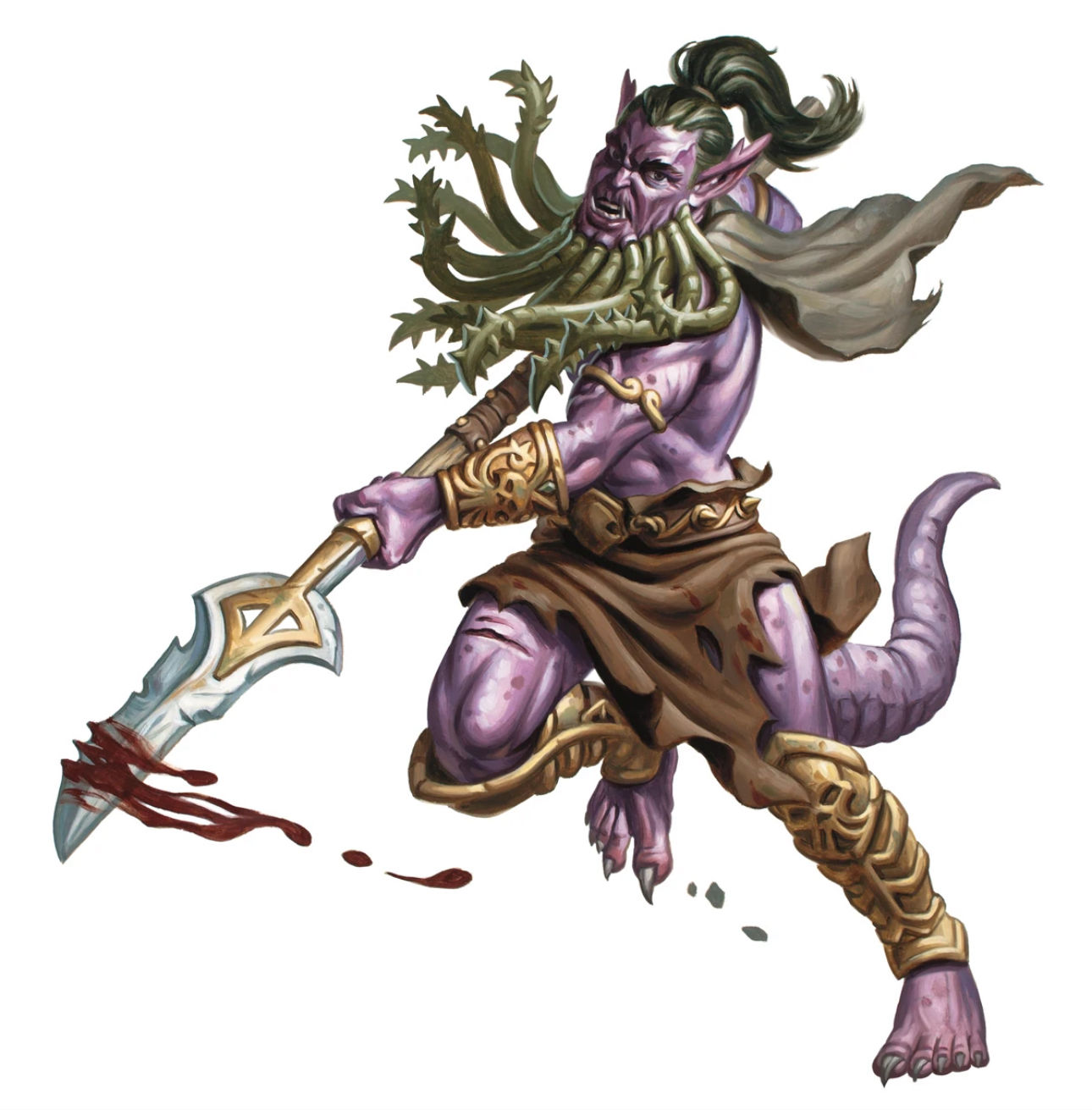 Barbazu devil with snakes for a beard, wielding a glaive with a laser rifle barrel and trigger in the shaft. In Avernus, a blood-red sky was...