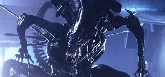 Eyeless (2) black HR Giger Alien Queen xenomorph attacks marines with its extendable jaw as they scramble to retreat to safety. Dark lightin...