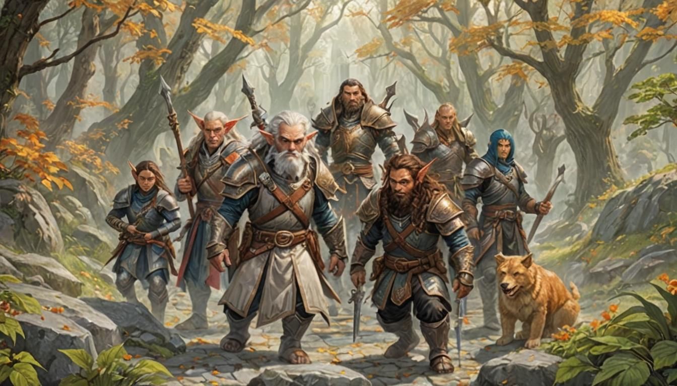 Add human fighter, high elf wizard, male half-elf bard, strong female unarmored Dwarven barbarian, Dwarven paladin, male half-elf rogue
