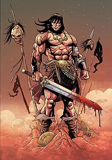 Strong bare chested dwarf barbarian with orange Mohawk and beard wielding a big ice sword in a medieval fantasy world. Cinematic film still,...