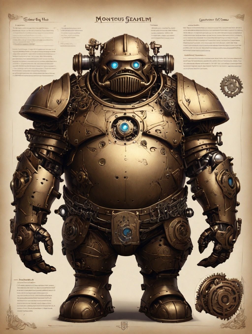 Detailed photorealistic D&D character sheet of a happy cheerful chubby brass mechanical steampunk golem with large hands, gauntlets