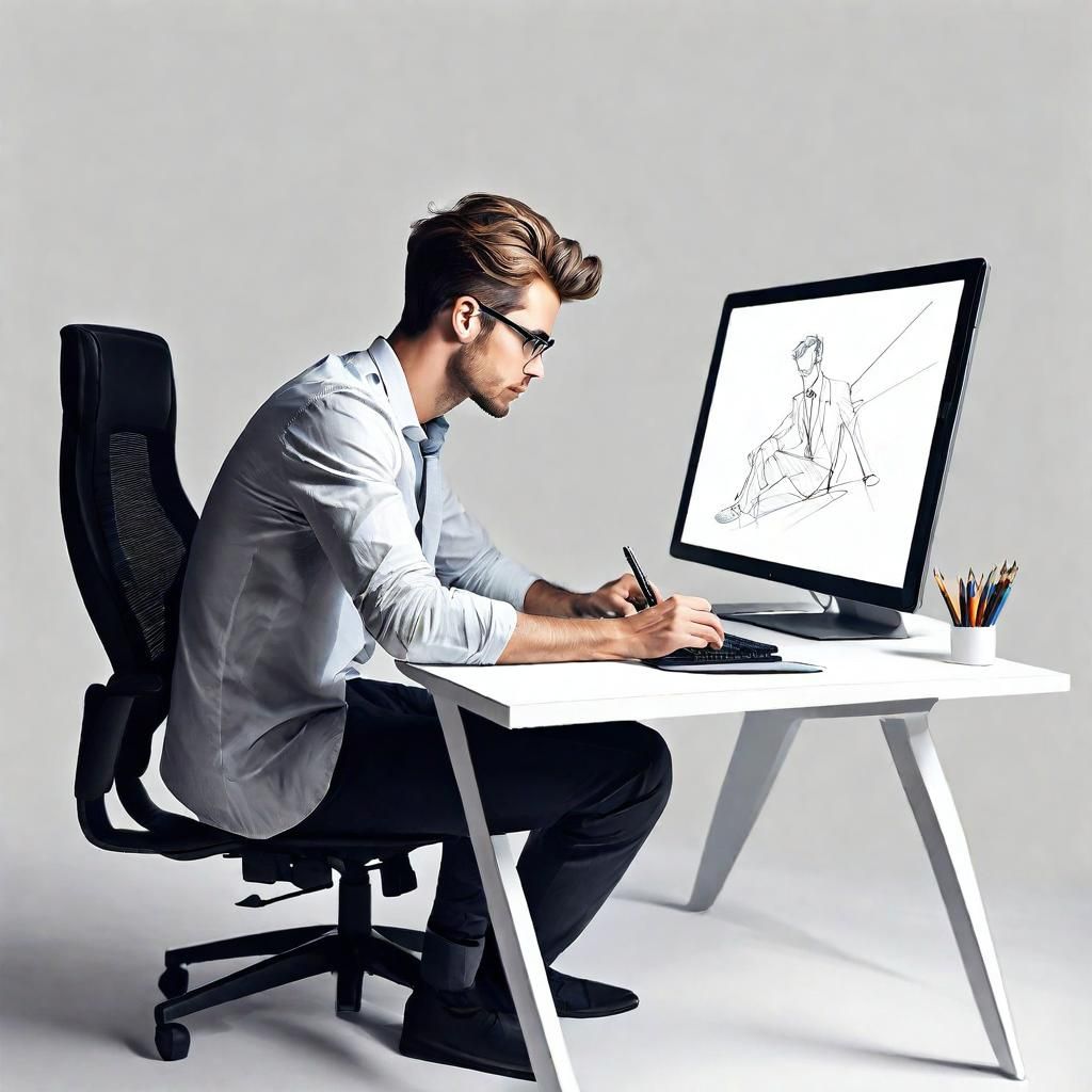 young, handsome  without a beard sitting at home, at a modern computer in the style of art, drawing on a graphics tablet. The setting is min...