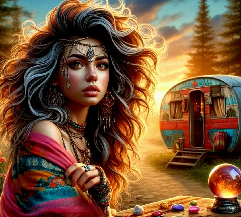 hyperrealistic airbrushed painting of a beautiful female gypsy messy hair with a contemplating expression, standing in front of the forest a...