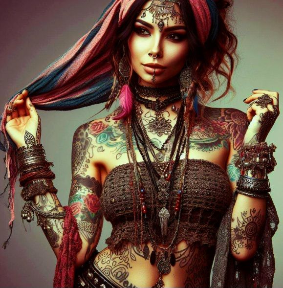 image of a beautiful gypsy woman with tattoos on arms and chest girl wearing several necklaces, a scarf over her head, jewelry on her head,...