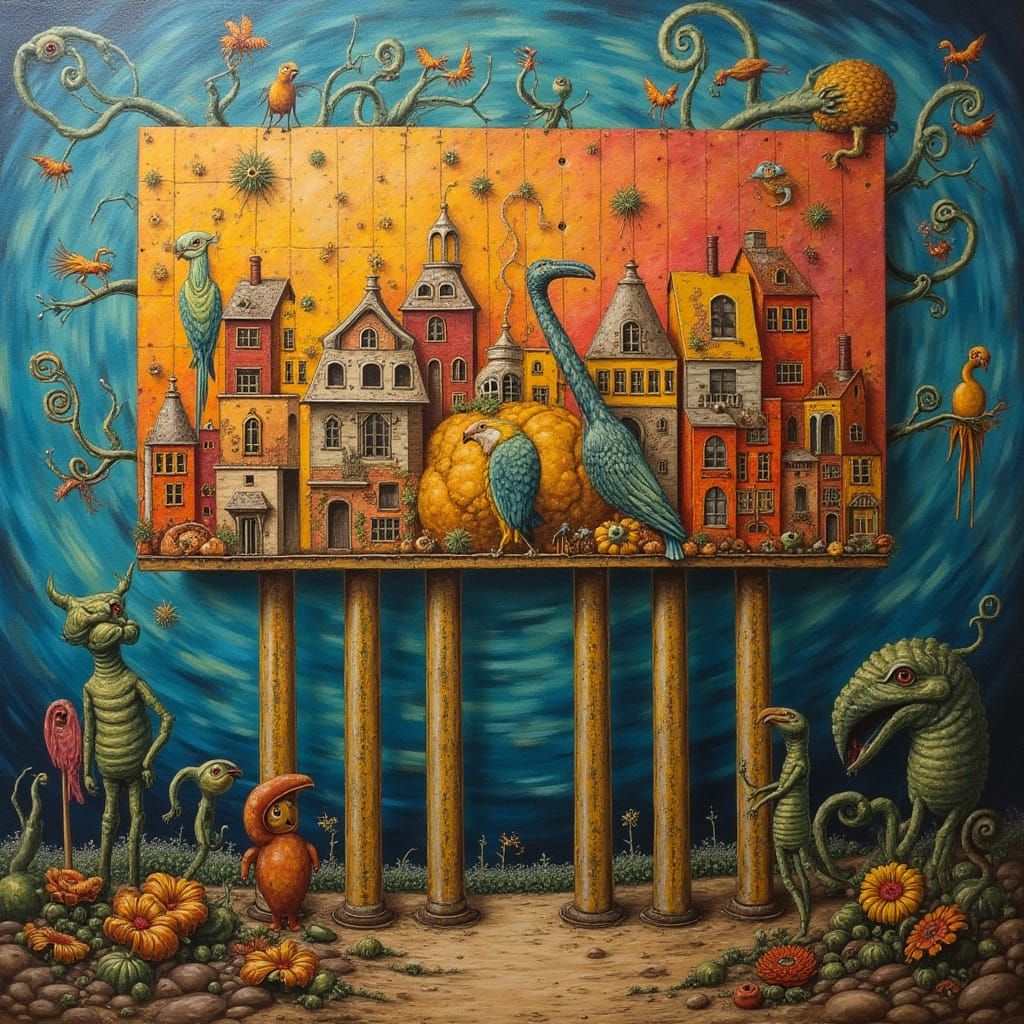 A little head is sitting on a long, long Stick like neck, with a weird dressed belly, four frog like hands and the big long long legs sticki...