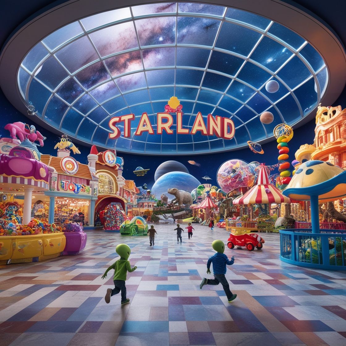 A whimsical photorealistic mid range photo shot from ground level of “StarLand”, an enormous fanciful mega mall in outer space under a clear...