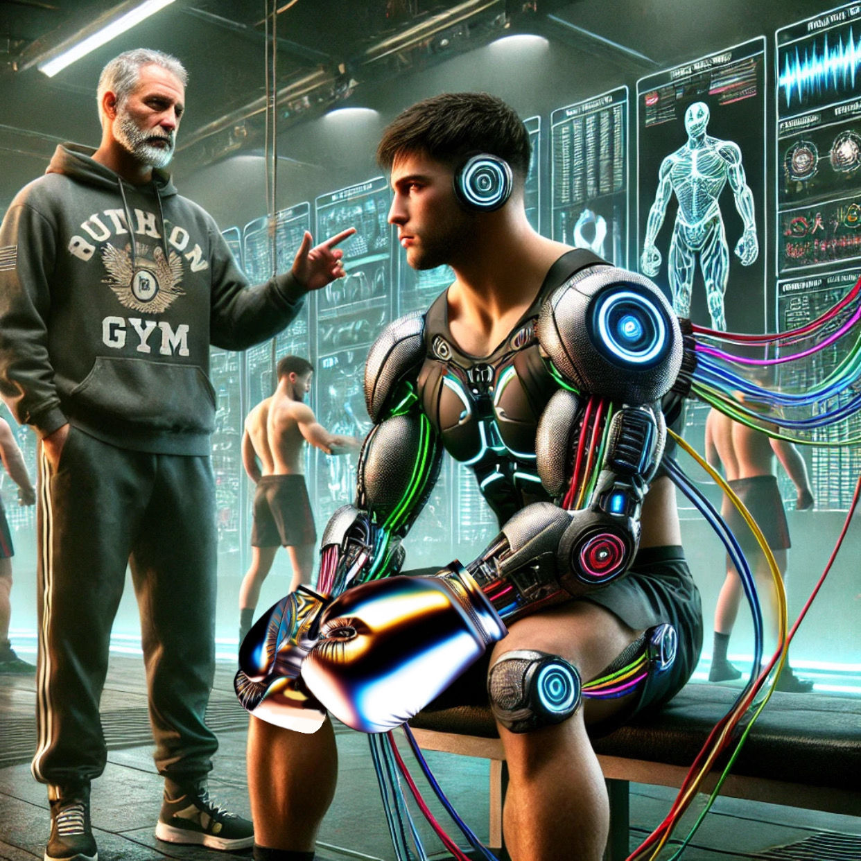 Futuristic boxer getting pointers from his coach while his bionic arm upgrades. Wearing golden (boxing gloves:1.3)