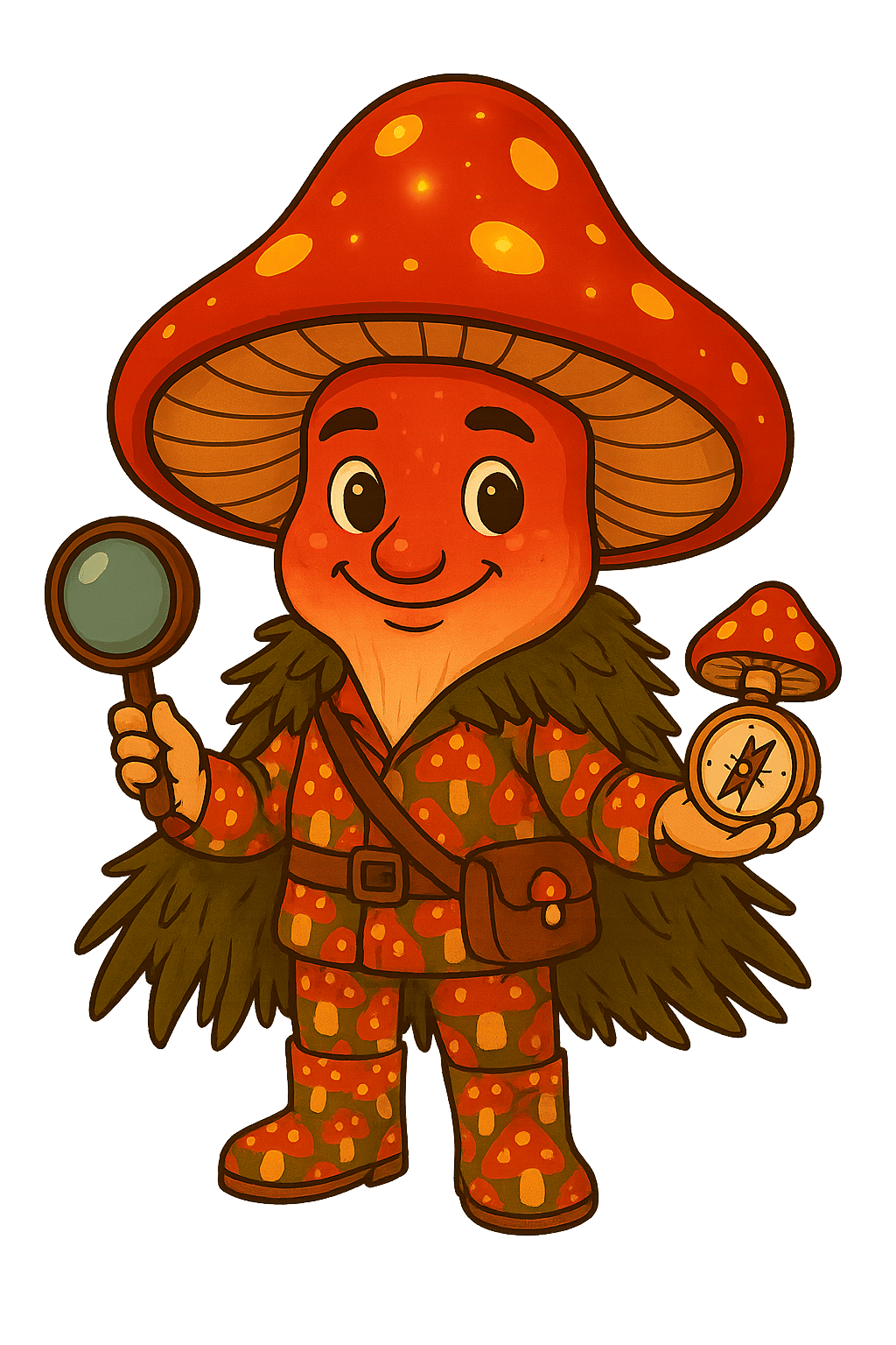 A whimsical cartoon-style mushroom character with a red Amanita muscaria cap and glowing golden spots, wearing a mossy g...