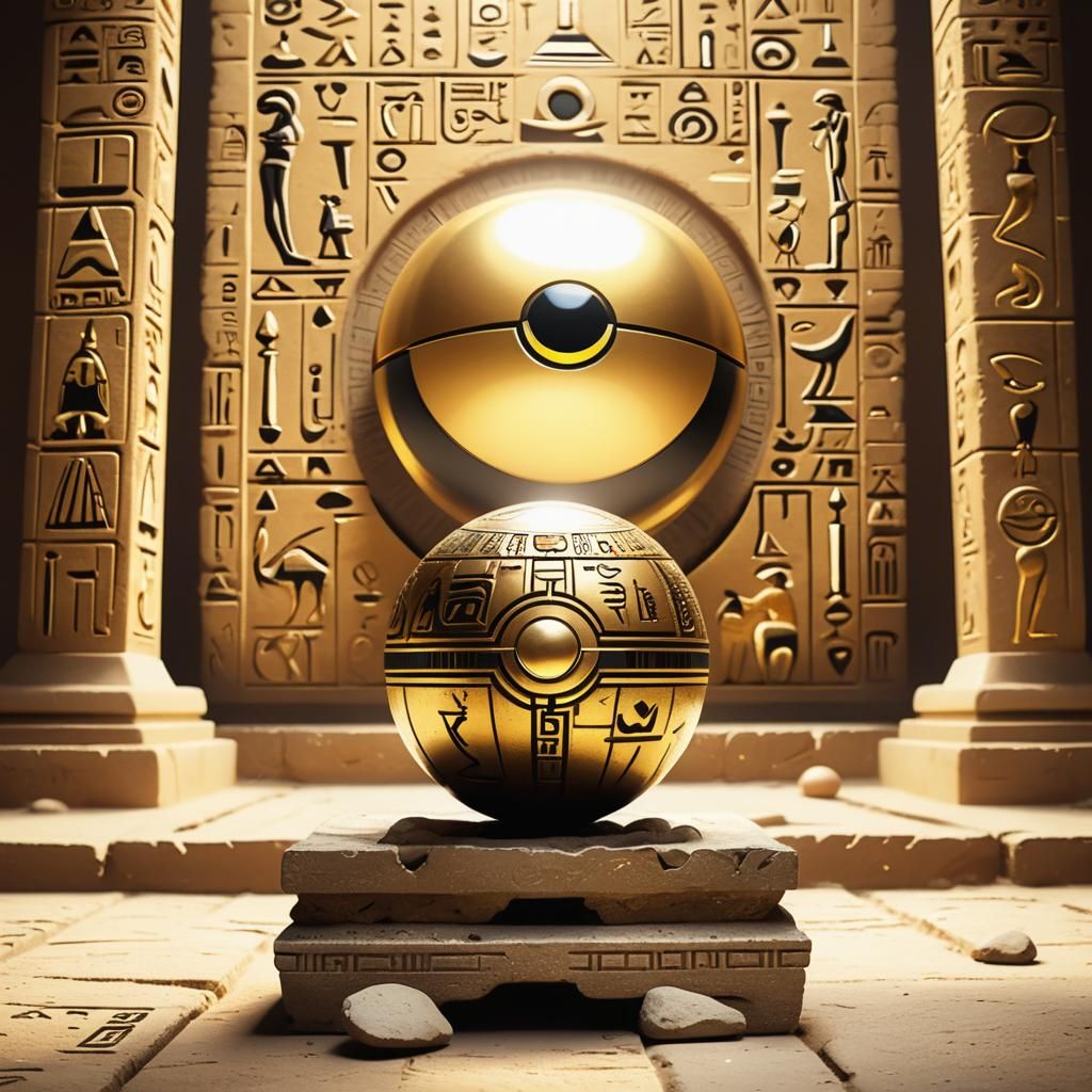 Golden ancient Egyptian themed pokeball with ancient symbols on it