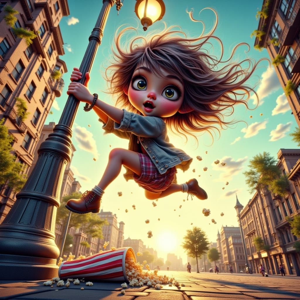 girl holding onto lamppost on windy day, hair blowing in wind, popcorn flying around her, shocked facial expression