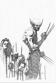Marvel's Wolverine standing with claws out, set of pikes in ground with heads on them, intricate line drawing from comics artist Jae Lee, pa...