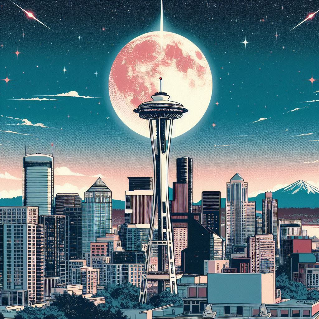 a birds eye view of Seattle in anime style, Yoshitaka Amano art, Final Fantasy illustration, masterworks ink, water color wash, Animecore, M...