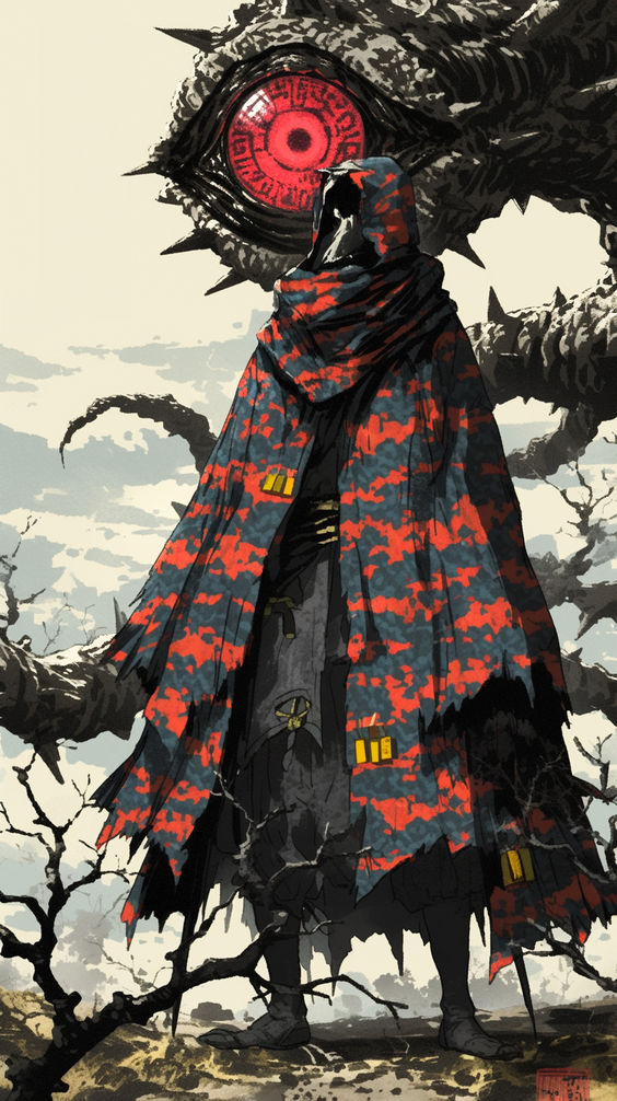 Cyborg with large lens on helm, blood red cloak, black military field uniform, Ayami Kojima art, oil paint, grainy, vibrant wash, granular,...