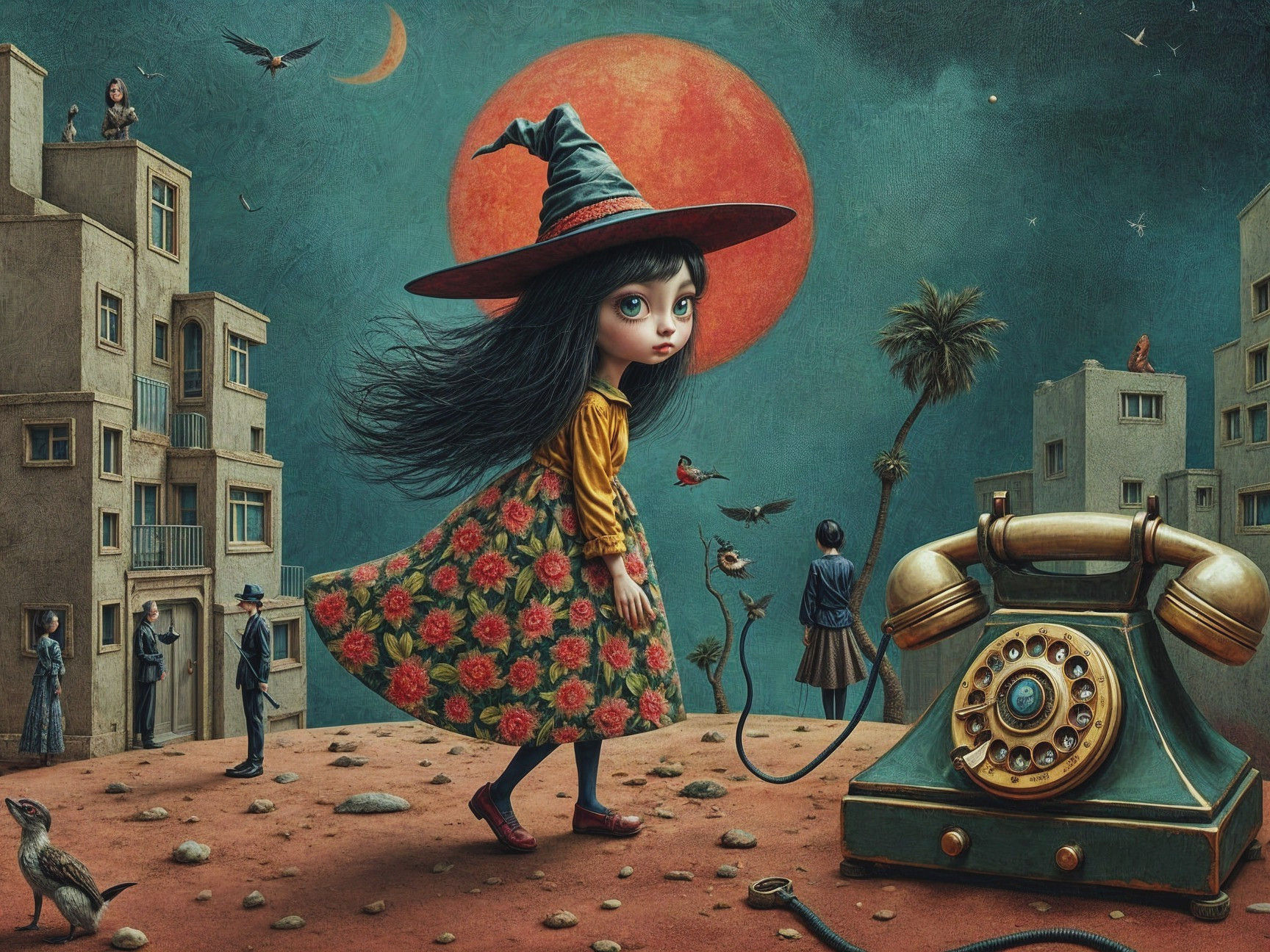 Beautiful woman with long wild blue hair in a yellow raincoat is playing with a border collie on a deserted road in the spring rain. Refresh...