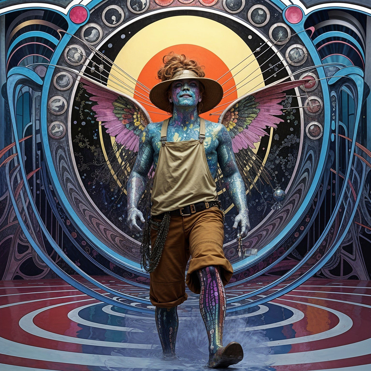 Surrealism. A lone, melancholic train winter on a Polynesian carriage with a painted smile and tattered suit, standing on a road paved that ...