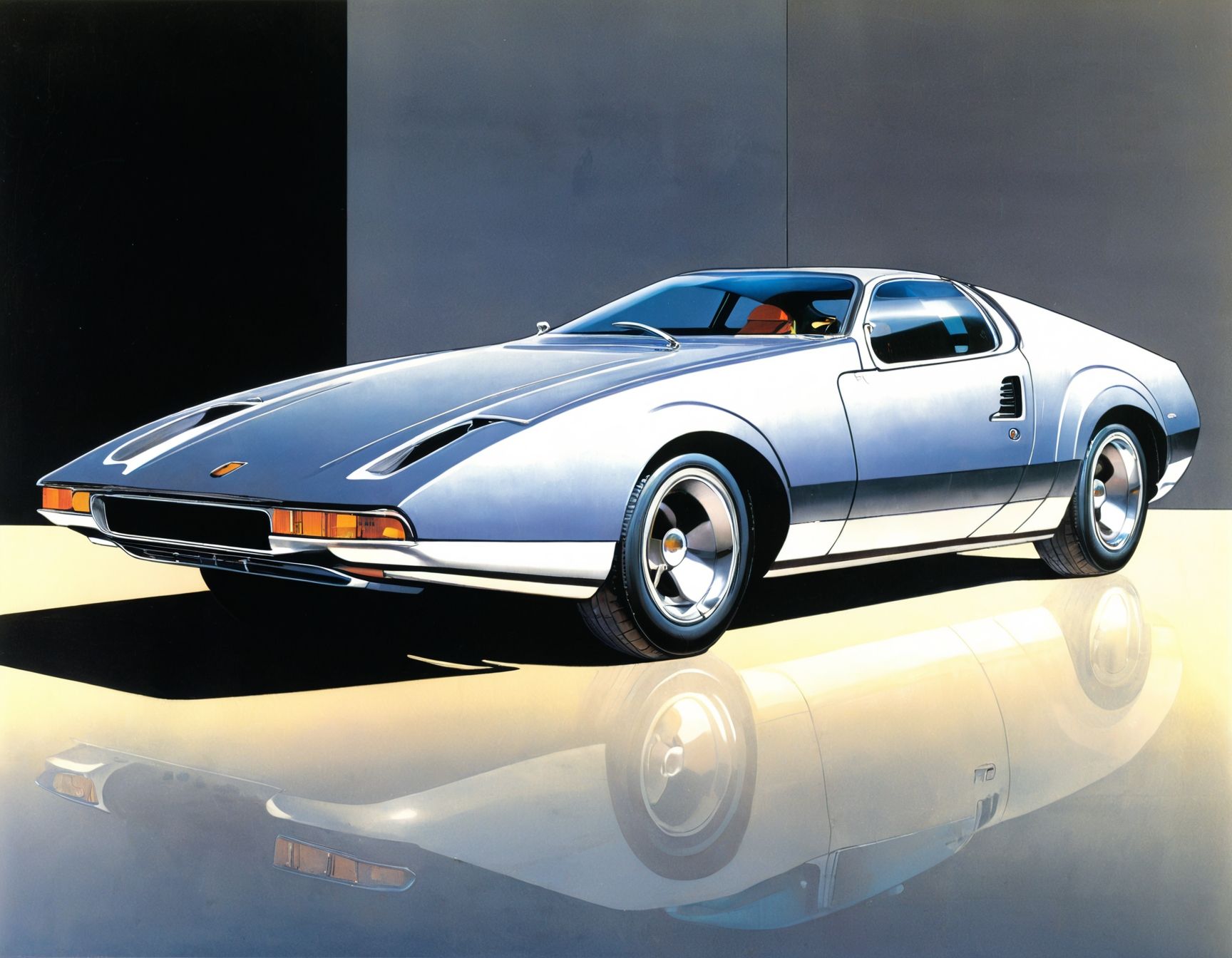 A futuristic hypercar with a design inspired by the art of Hajime Sorayama