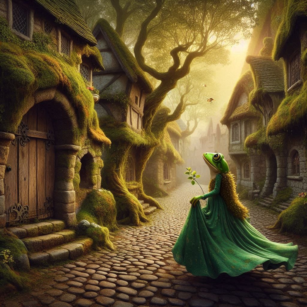 Żabka ubrana w elegancką zieloną sukienkę z czerwonym paskiem dopełniającym jej nowoczesny styl, jedzie sportowym i futurystycznym super sam...