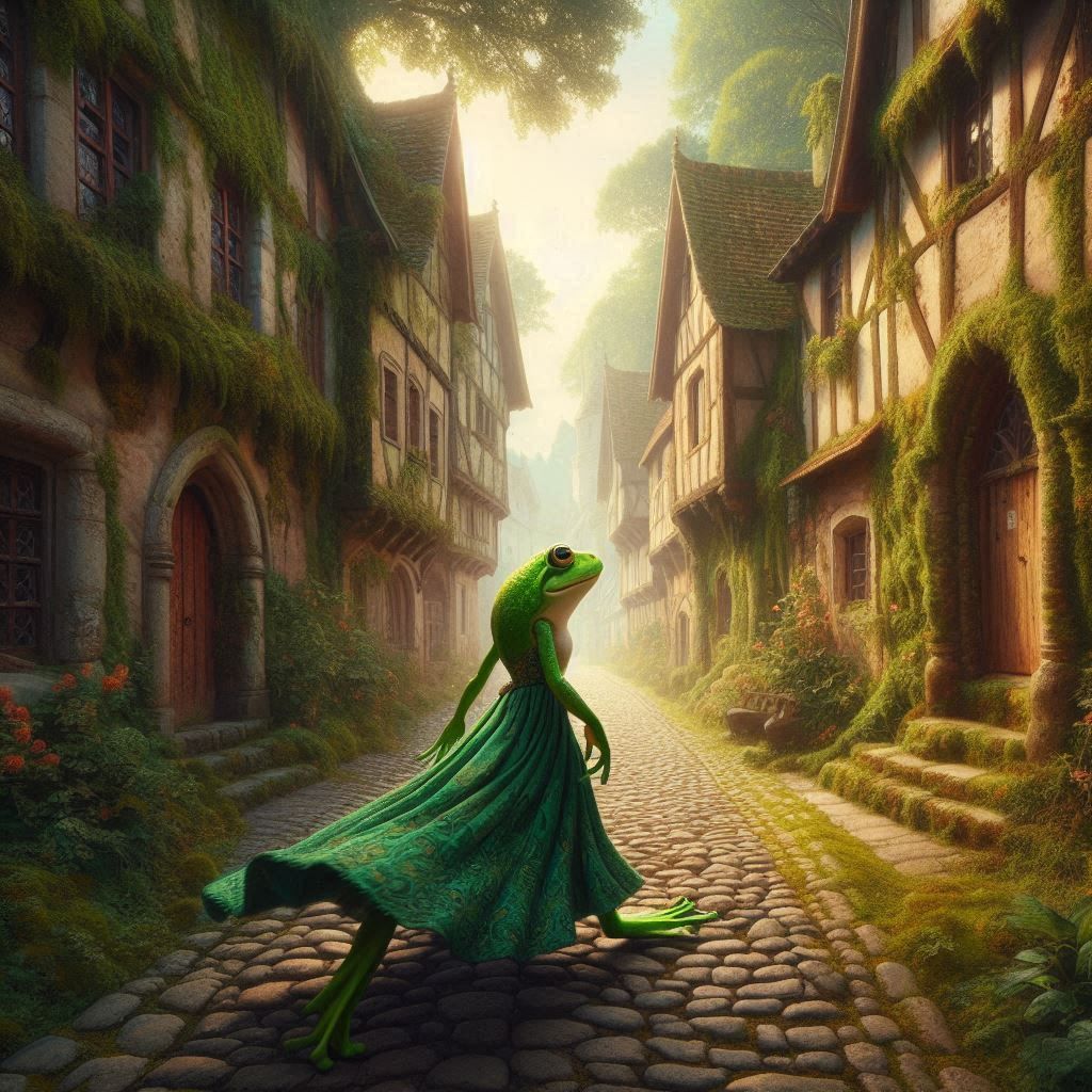 Żabka ubrana w elegancką zieloną sukienkę z czerwonym paskiem dopełniającym jej nowoczesny styl, jedzie sportowym i futurystycznym super sam...