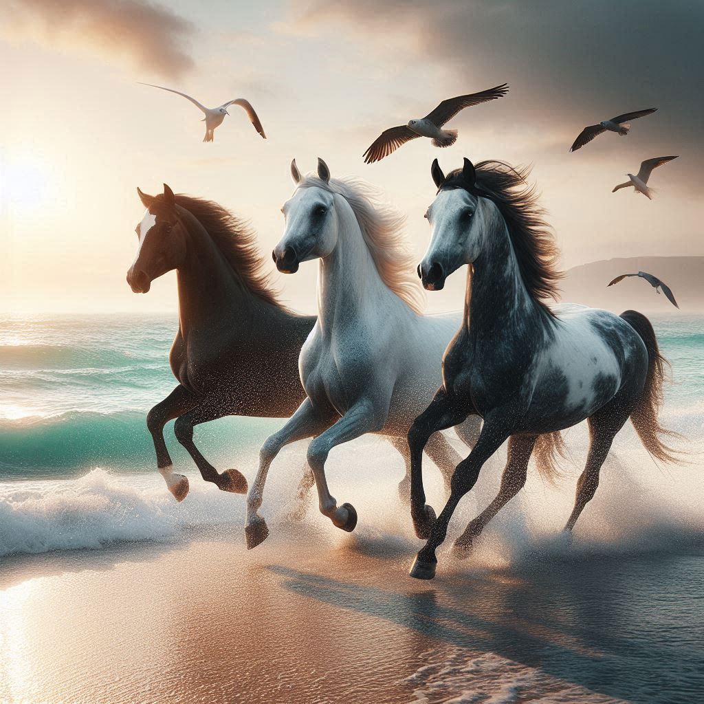 Konie w galopie brzegiem morza. 