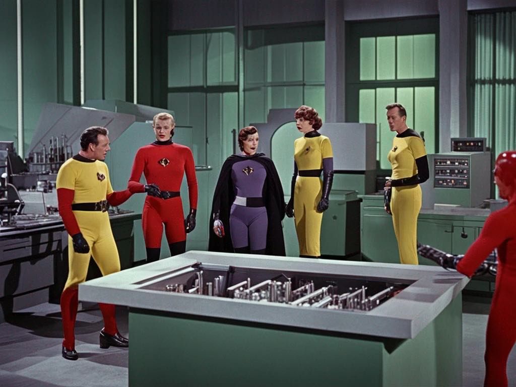 retro superhero team talking plans Cinematic film still, shot on v-raptor XL, film grain, vignette, color graded, post-processed, cinematic...