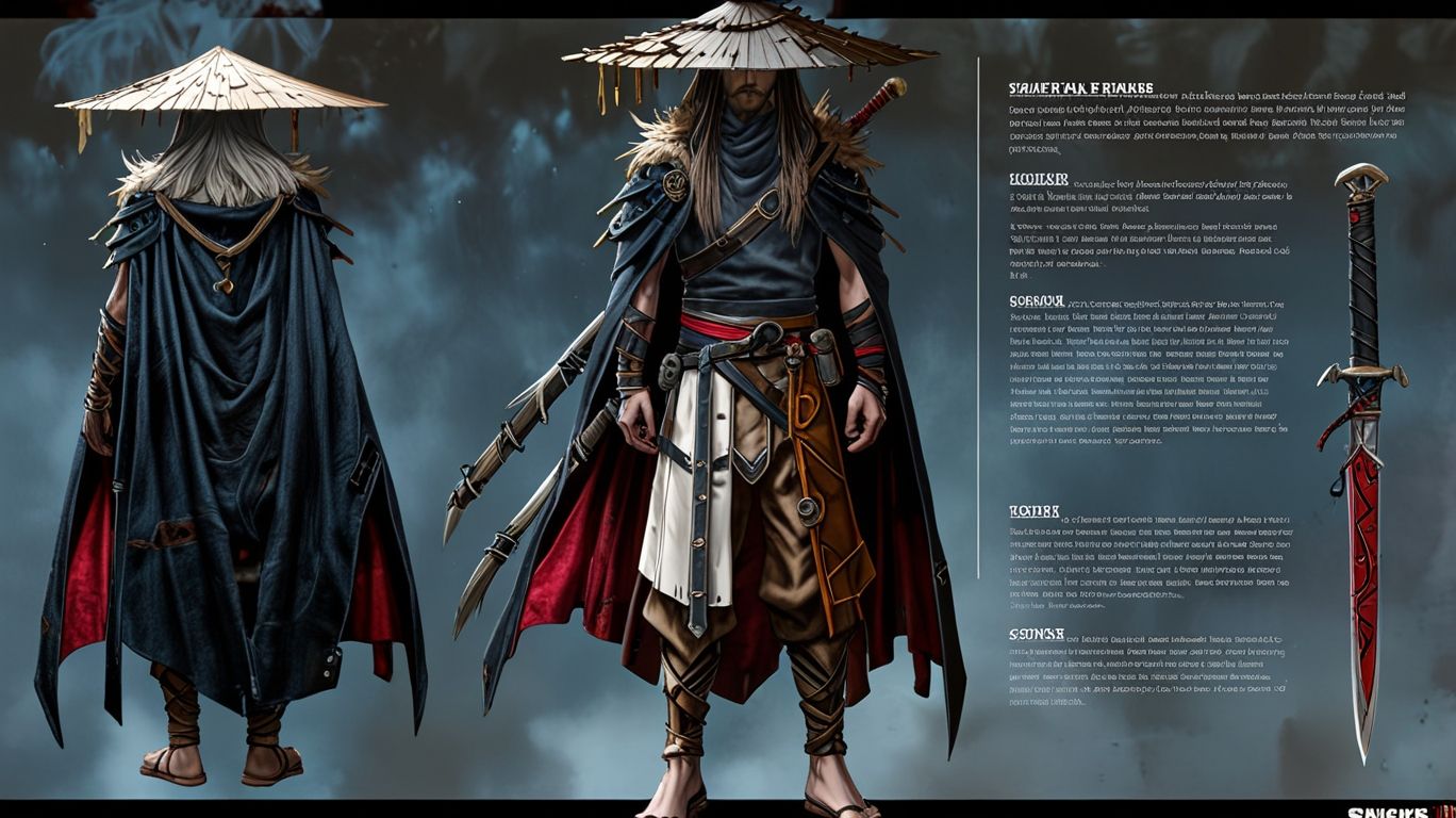 A tall and slender warrior with a gaunt face full of secrets. His long hair is untamed, often covered by a worn bamboo hat. He wears a faded...