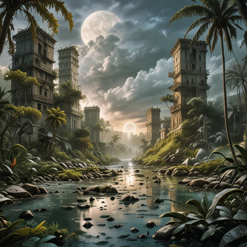 Modern abandoned ruined city overgrown and flooded by jungle, red sky, red moonlight, night, fog, photorealistic #xgumt319io