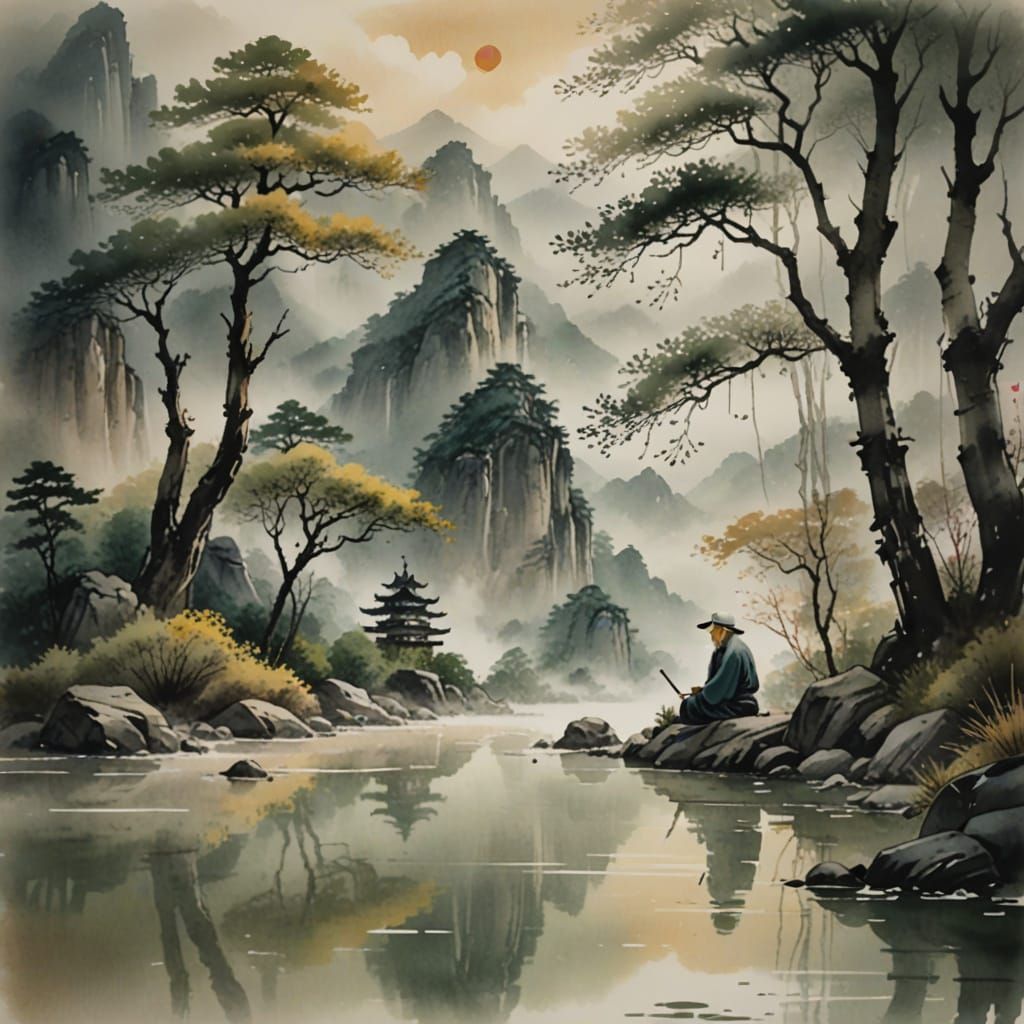 add quote in japanese font type "Nature does not hurry, yet everything is accomplished. Lao Tzu"  mystical and colorful sky in ancient bambo...