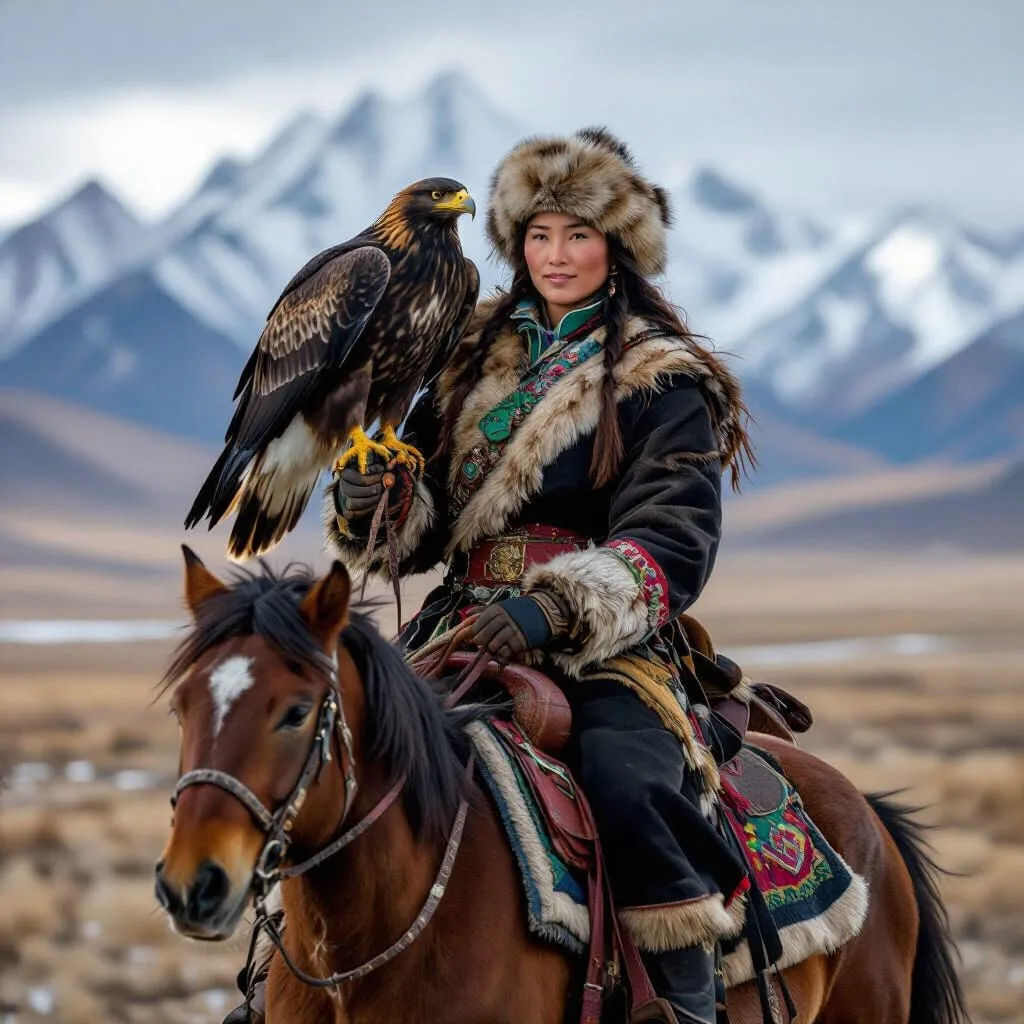 eagle raises wings. huntress shifts with horse movement. horse is moving its head up and down ready to move forward and run. she smiles and ...