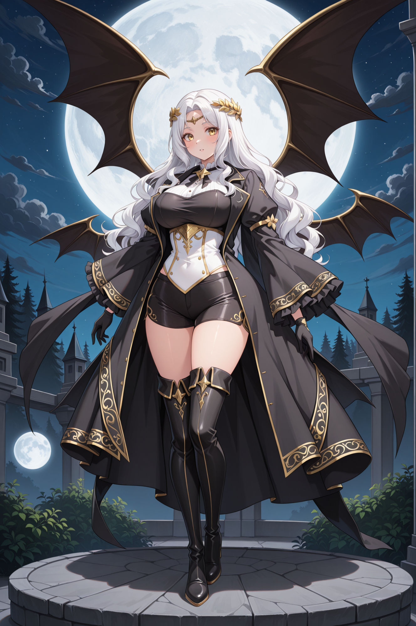 Gabriel standing with the moon behind her and her pure white long wavy hair cascading gracefully around Her striking gold eyes sparkle with ... - Start Image 2