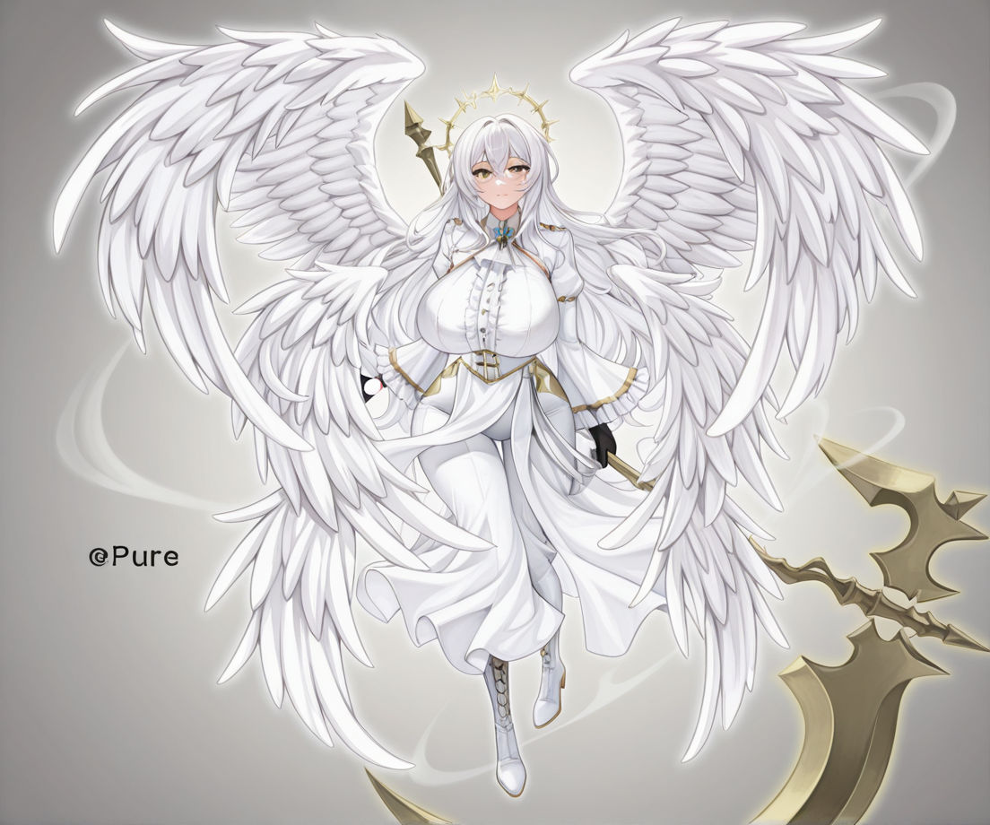 Gabriel standing with the moon behind her and her pure white long wavy hair cascading gracefully around Her striking gold eyes sparkle with ... - Start Image 2