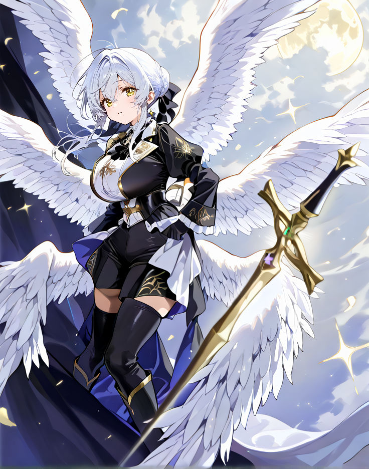 Gabriel with the moon casting a silvery glow behind her, her pure white hair cascading gracefully around her giving her an elegant yet power... - Start Image 1