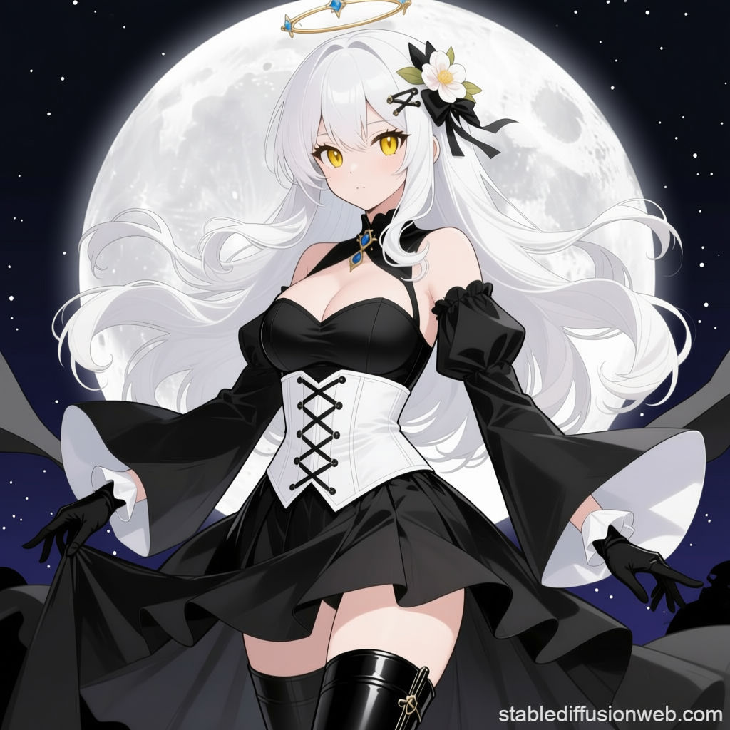 gabrieldxdv1, standing with the moon behind her, with her pure white hair cascading gracefully around Her, her bangs are parted, and she has...