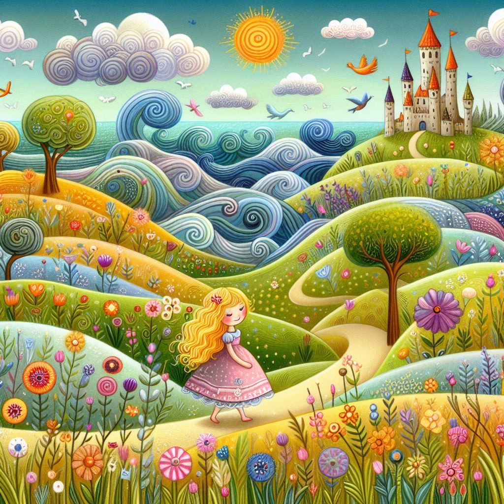 a whimsical landscape of meadows in waves of different colors 