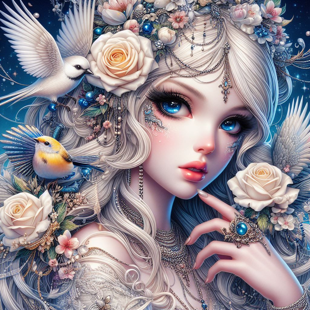 Jasmine Becket-Griffith+ karol bak + blonde girl+blue eyes+happy+ flowers+ multicolors small birds+soft colorful+alcohol ink art+ head and s...
