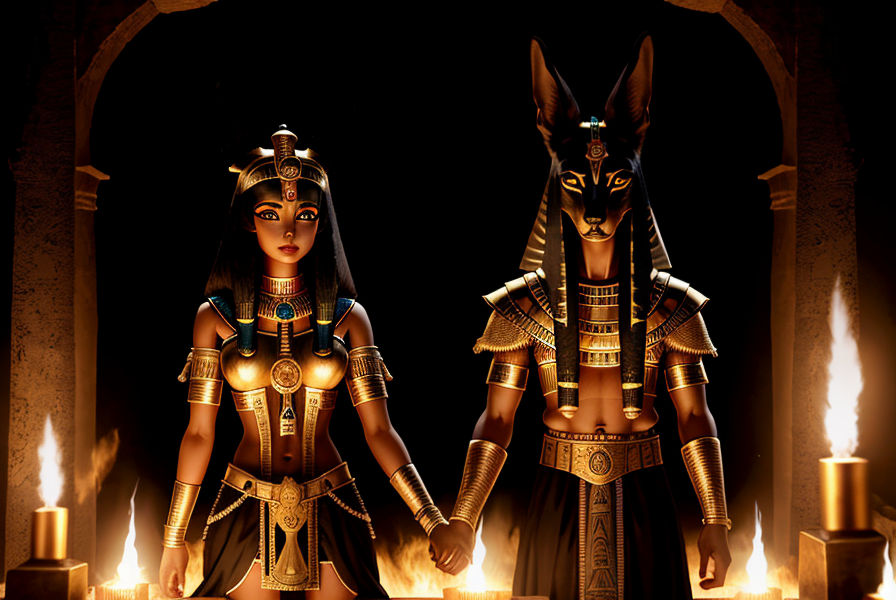 Anubis escorting an Egyptian princess into the underworld.