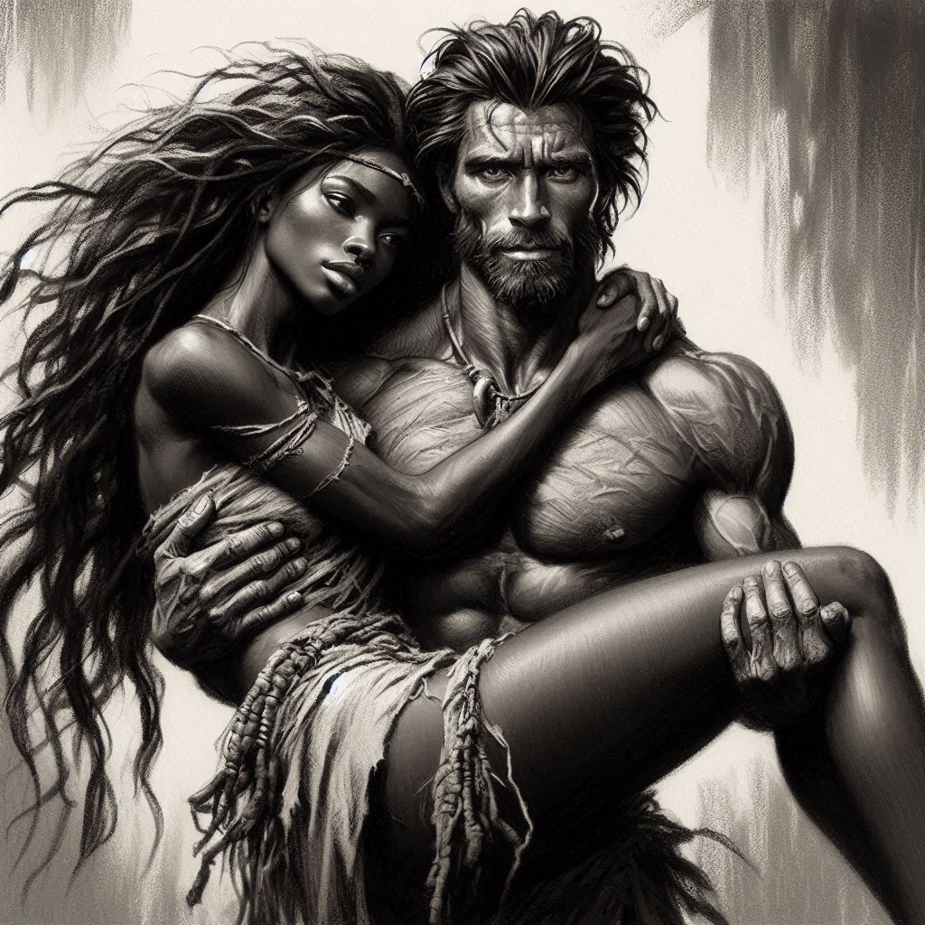 Tarzan is carrying an injured tribeswoman to safety. 