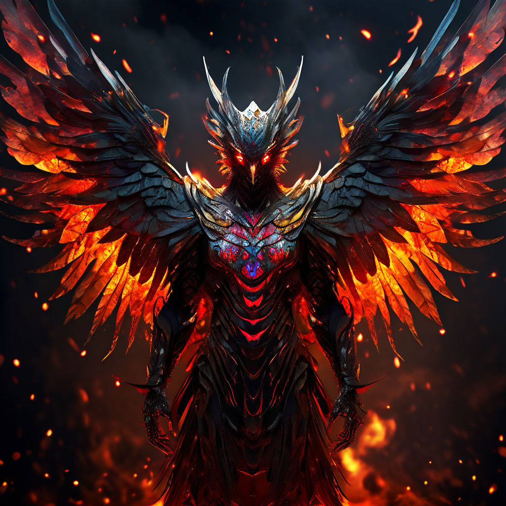 bird-man , wings spread wide, encased in gleaming armor, embers flickering around its silhouette, against a brooding sky, armor reflecting...