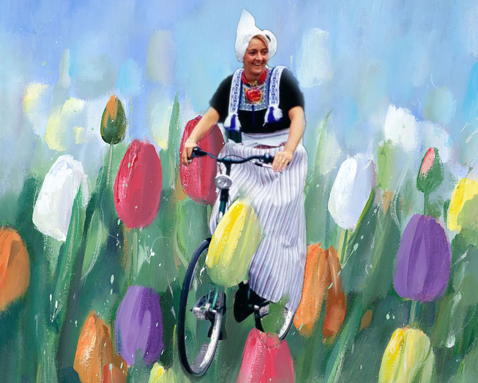 dutch girl on a bike in tulip field