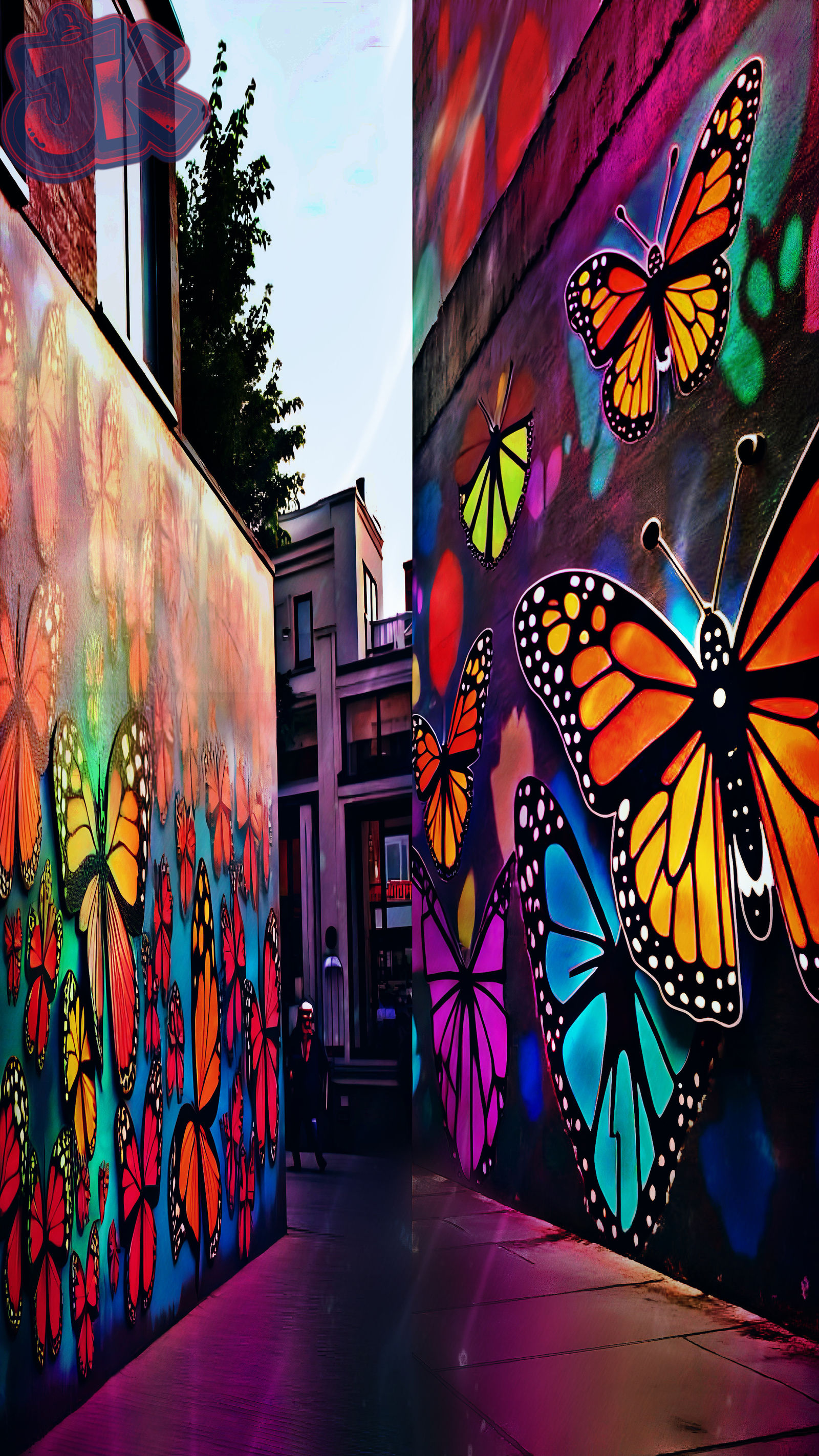 Grafitti butterflies fly off the walls.