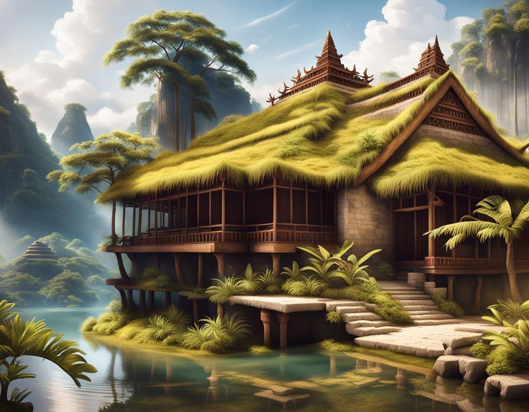 Here is a prompt for a mystical/fantasy digital artwork depicting a cel-shaded vision of Pre-Colonial Philippine society, architecture and r...