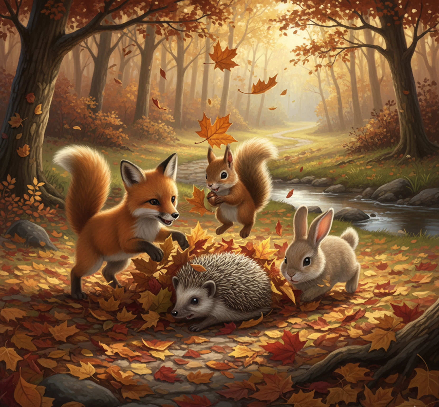 The image depicts a charming forest setting during autumn , characterized by the ground being covered in a thick carpet of fallen leaves in ...