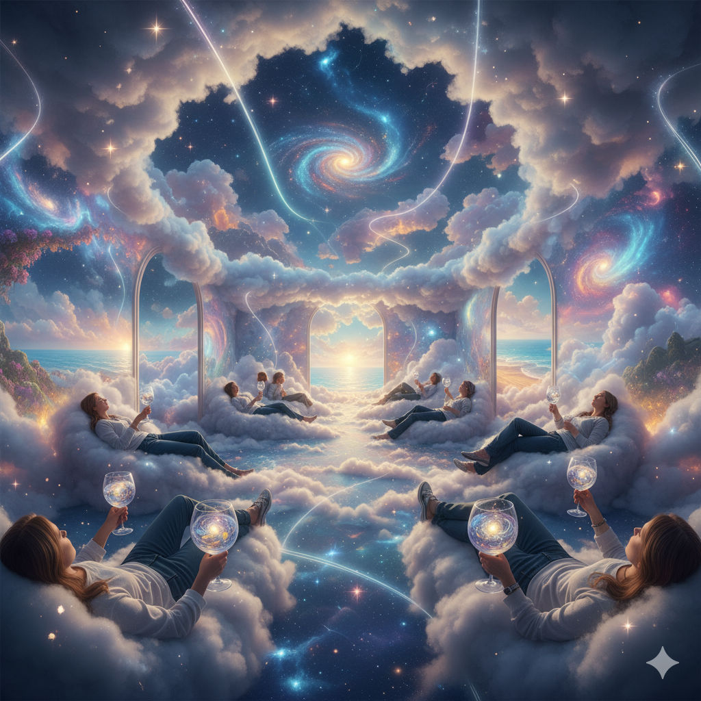 An ethereal space where clouds serve as seats and drinks are made of stardust and dreams. The space is constantly changing.