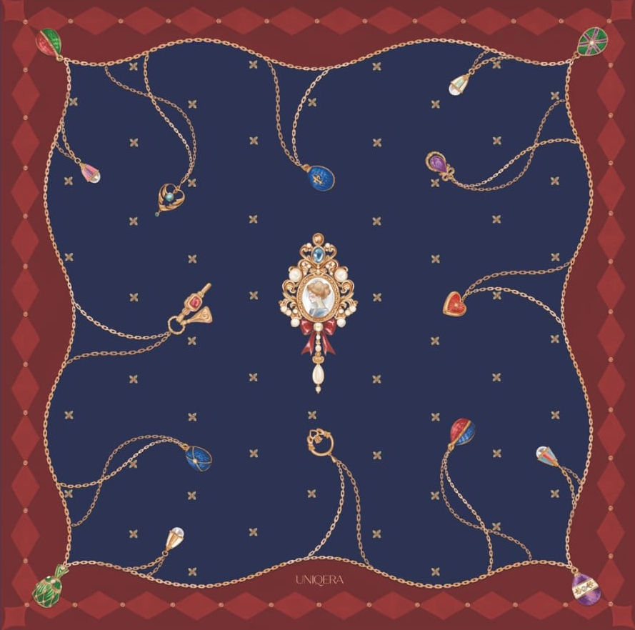 Create a visual that is close to the original to be used in a silk scarf design with a solid color background consisting of jewels and chain...