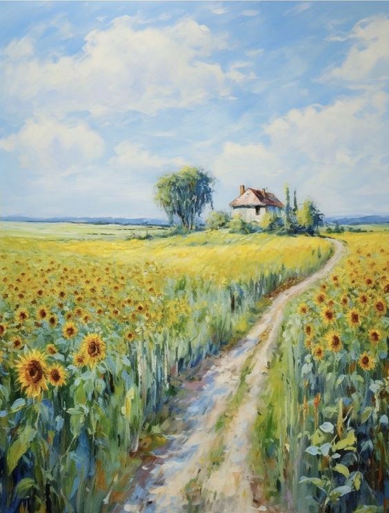 sunflowers fields ,house watercolor abstract vector fractal, wave function, Zentangle, 3d shading vibrant colors Candyland wonderland gouach...