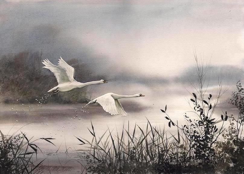 Two swans frosty foggy morning fields watercolor abstract vector fractal, wave function, Zentangle, 3d shading vibrant colors Candyland wond...