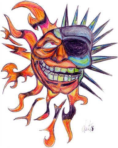 sun boneface logo, biomechanical, fire, sharp blades, high contrast, colorful polychromatic, ultra detailed, ultra quality, 