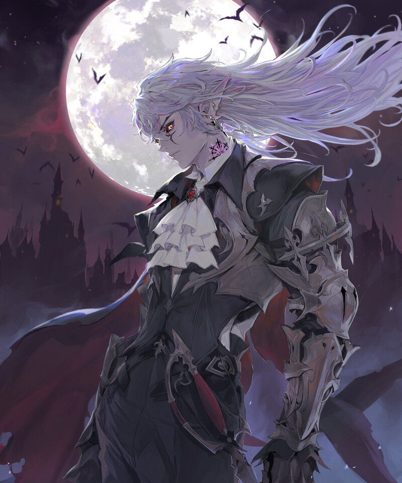 A regal and menacing vampire lord stands under a massive full moon, his long, flowing silver hair illuminated by the pale light. His piercin...