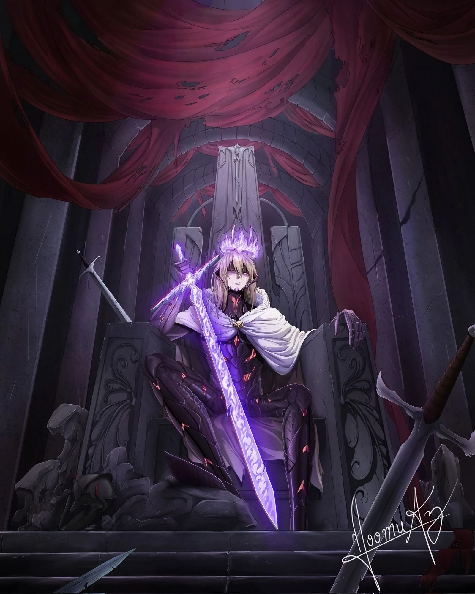 A regal man sits confidently on a grand, stone-carved throne, his posture powerful and imposing. He wears a striking purple crown that glows...