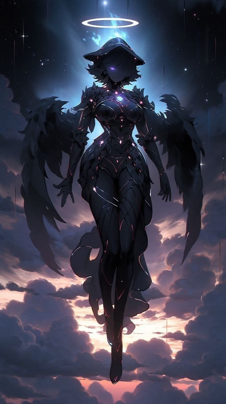 A celestial goddes floating in the night sky.