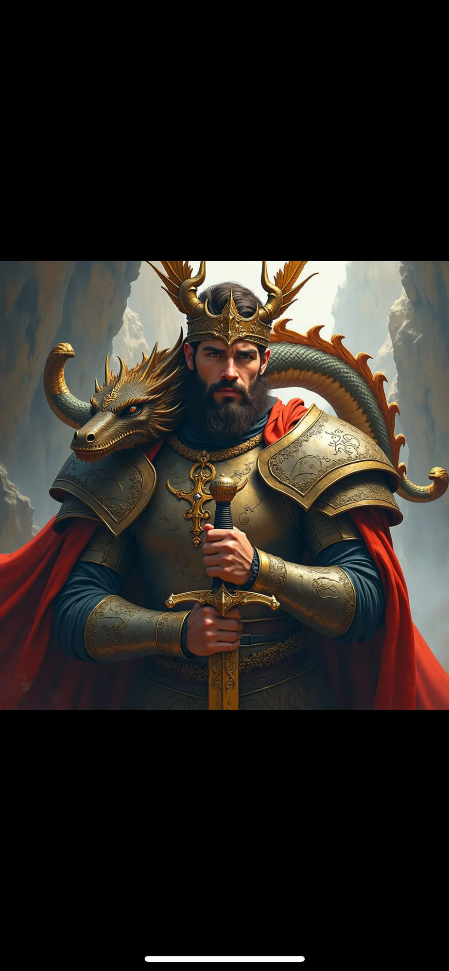 Prince adorned in armor with a Draconic crown and red cape. He wields a sword and looks onward, detailed matte painting, deep color...